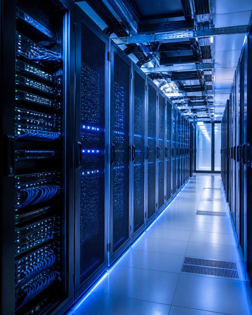 Professional server room with blue ambient lighting and organized cable management