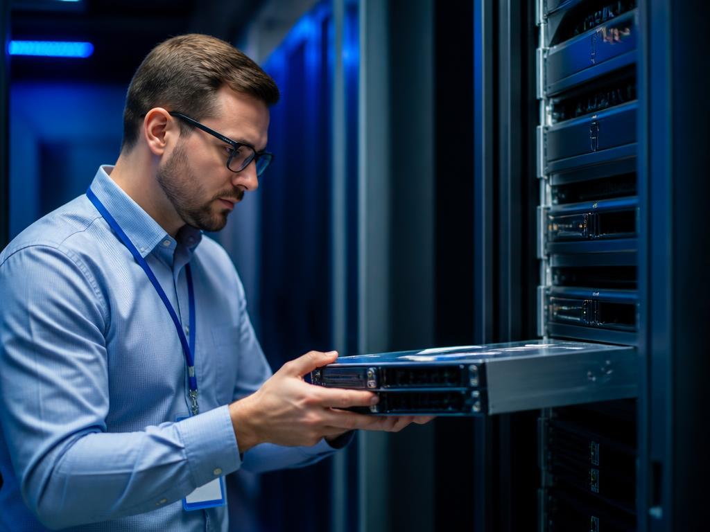 IT technician installing server hardware in a data center